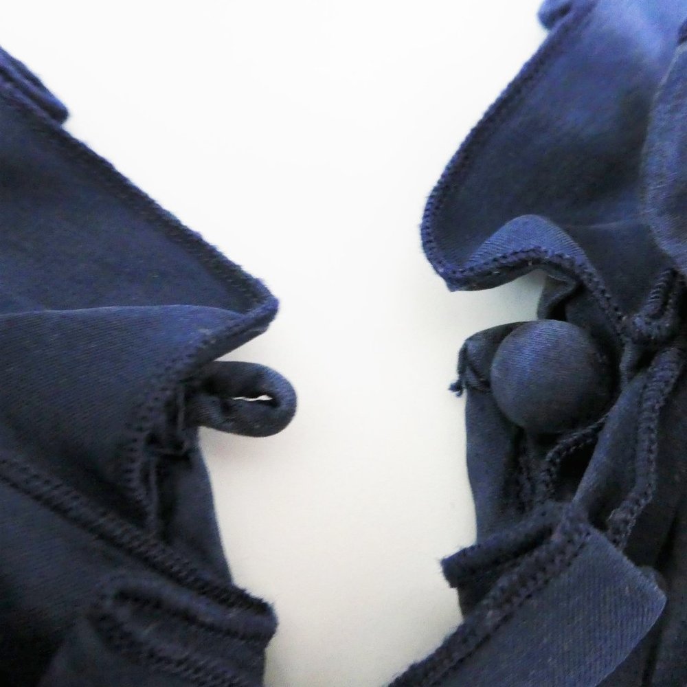 Y2K Bebe Navy Blue Top Satin Ruffles Sequins Lace Inset Side Zip Button Back S - Picture 6 of 10